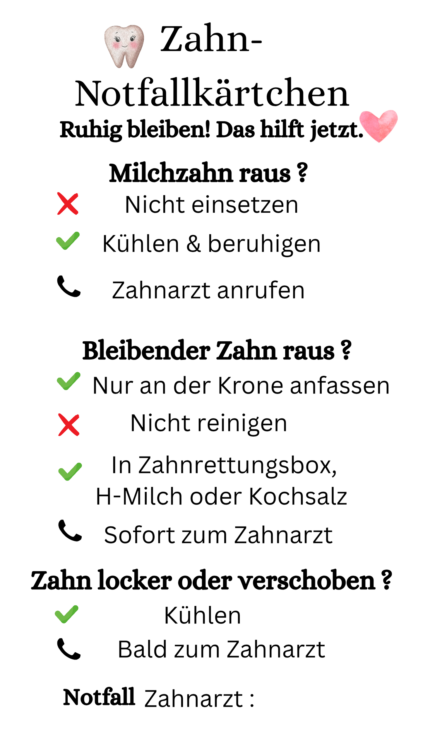 Zahn Notfall-Kärtchen 🦷💕 (PDF Version German)
